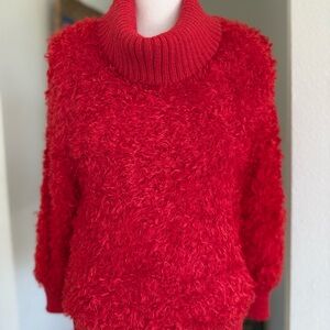 VINTAGE FLUFFY RED KNIT COWL NECK SWEATER